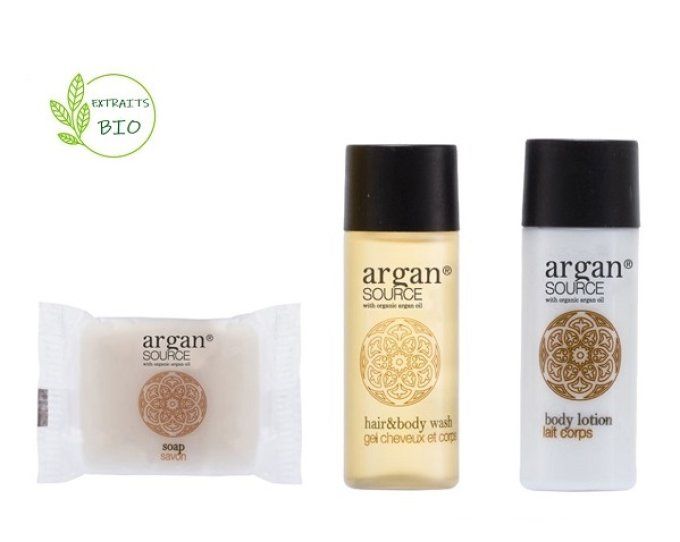 Argan savon 20g + gel douche 30ml + lait 30ml - Sac en organza