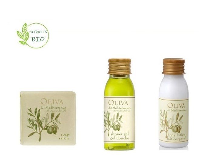 Oliva savon 20g + gel douche 30ml + lait 30ml - Sac en organza