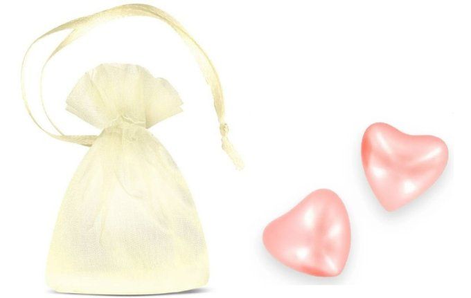 9 perles de bain coeur rose dans un sachet organza